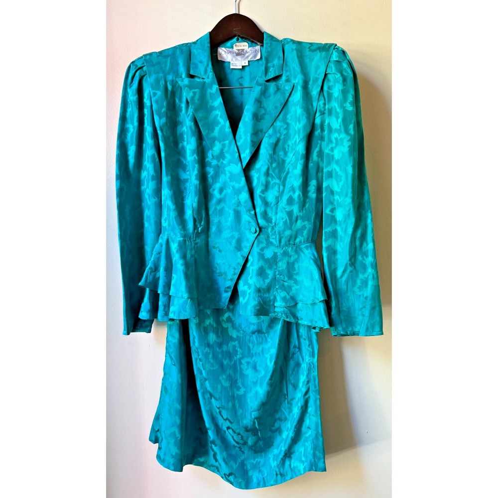 Vintage 100% Silk Turquoise Suit Women's 8 Skirt Jacket 80s EUC Jonathan Martin